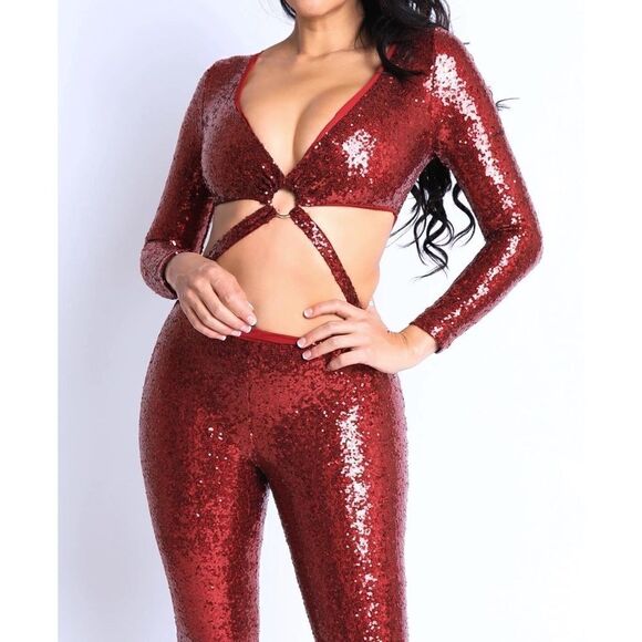 Sequin Criss Criss Front O-Ring Point Jumpsuit - Picture 2 of 3